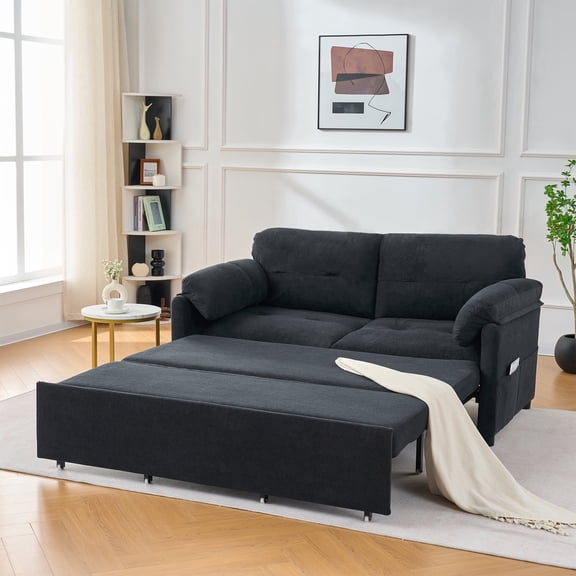 FFZ Convertible Pull-Out Sofa Bed with Thicked Cushions and Side Storage, Black