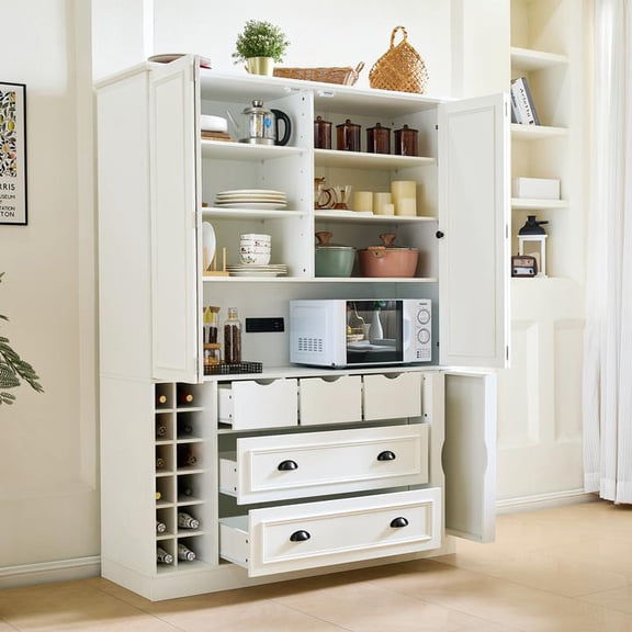 FFZ 71 inch Farmhouse Kitchen Pantry 53.2x17.7 inch Deepen Dining Storage Cupboard Foldable Doors Racks, White