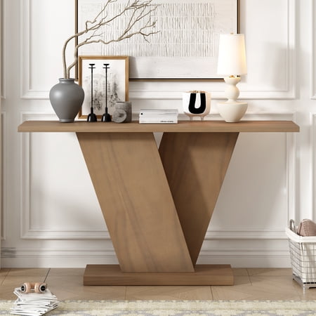 Ffz Mirod Console Table With Natural Wood Veneer,V-Base Design For Classic Versatility ,Perfect For Displaying Your Favorite Items