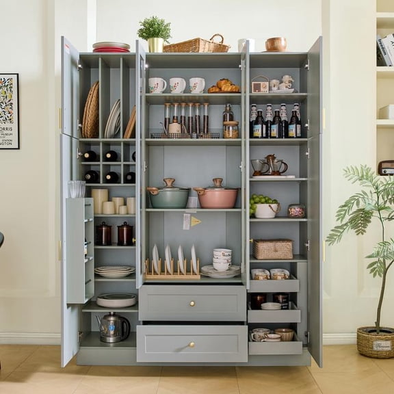 FFZ 53.2x17.7 inch Modern Kitchen Pantry with 6 Doors Storage Cupboard Drawers Trays Wine Rack, Green