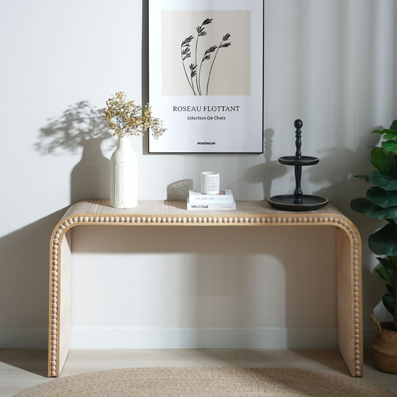 Ffz Natural Wood Console Table, 59In Entryway Table, Curved Waterfall-Style Table,Console Table With Wood Beads,Entrance Table For Entryway, Hallway, Living Room, Foyer, Corridor