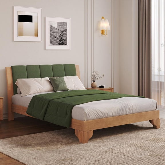 FFZ Pine Wood Queen Platform Bed Frame with Headboard, Natural Green