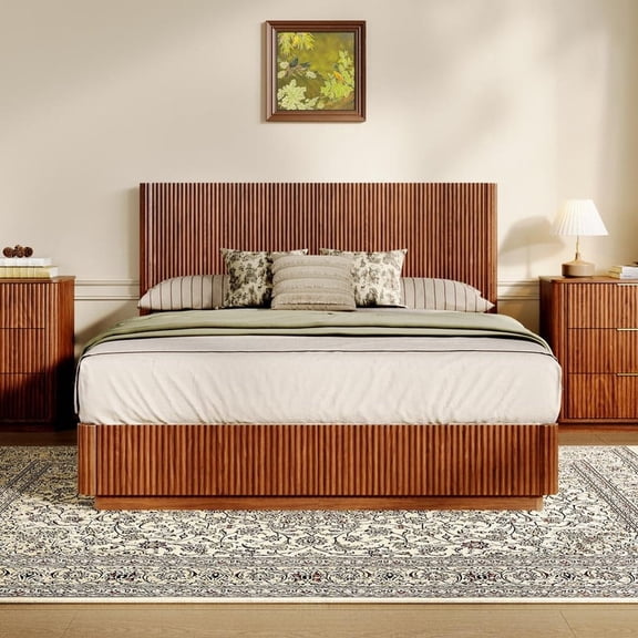 FFZ Queen Corrugated Curved Bed Frame with LED Lights and Hovering Base, 82.3 x 66.1 x 11.8 inch, Walnut