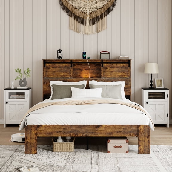 FFZ Queen Metal Bed Frame with Charging Station, No Box Spring Needed, Easy Assembly, Dark Brown