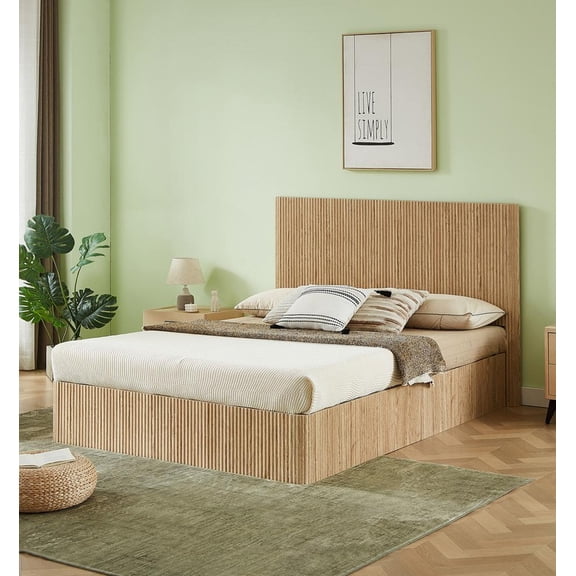 FFZ Wooden Corrugated Hydraulic Lift Up Storage Queen Bed Frame, Oak