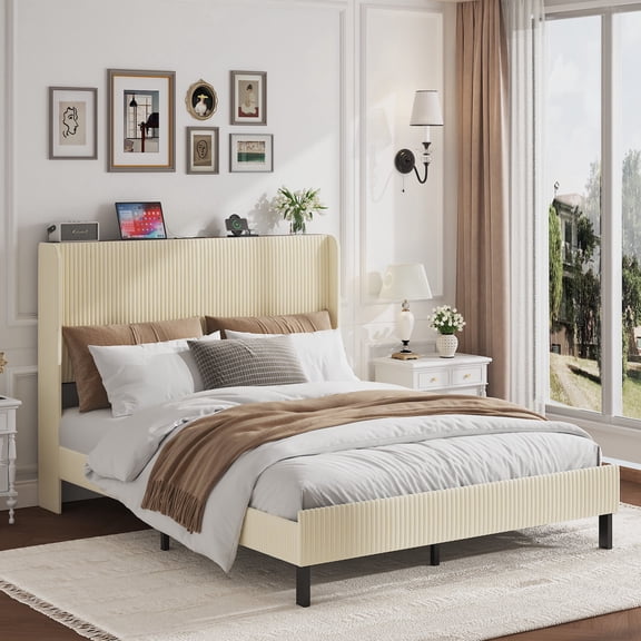 FFZ Queen Platform Bed with Storage Headboard, USB Charging and Metal Slats, 79.92 x 62.01 x 47.24 inch, Beige