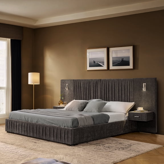 FFZ Queen Upholstered Chenille Bed Frame with Pleated Headboard and Integrated Bedside Table, Dark Grey