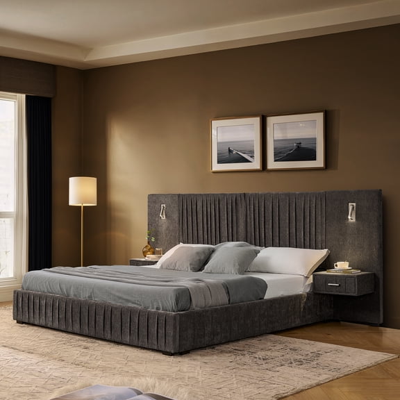 Ffz Queen Size Upholstered Bed Frame With Chenille Fabric With Pleated Design