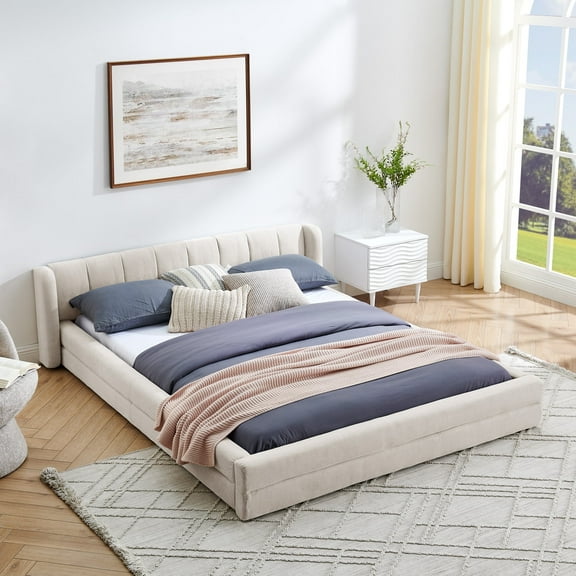 FFZ Queen Upholstered Platform Bed with Thick Chenille Fabric and Grounded Design, Beige