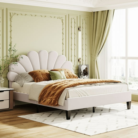 Ffz Queen Size Upholstered Platform Bed With Flower Pattern Velvet Headboard