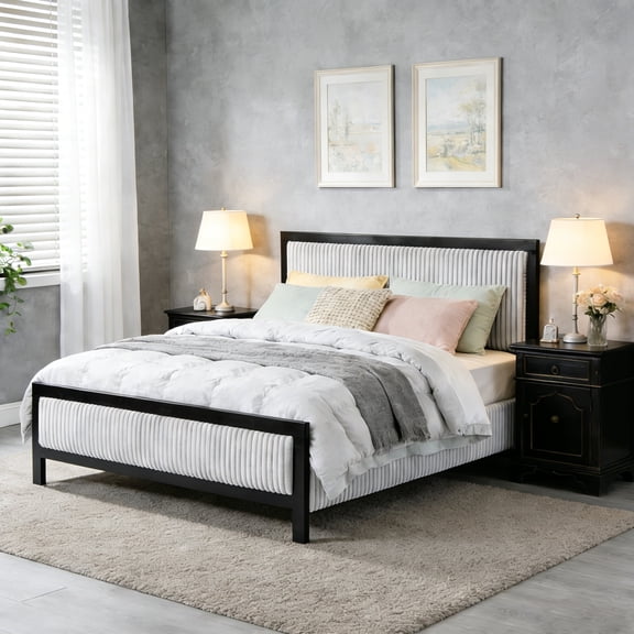 FFZ Queen Upholstered Bed with Fluffy Headboard, Grey+Black Frame, Black+grey