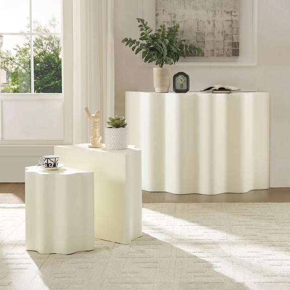 Ffz Side Table And Console Table Set ,Modern Wavy Edges Design Fiberglass Coffee Table And Entryway Table For Living Room