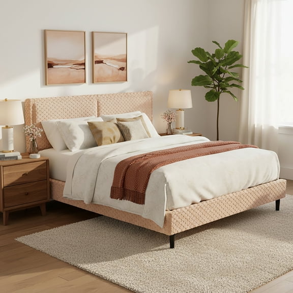 FFZ Simple Modern Camel Plush Queen Bed with Storage Drawers and Padded Backrest, 85.5 x 67 x 45.3 inch, Camel