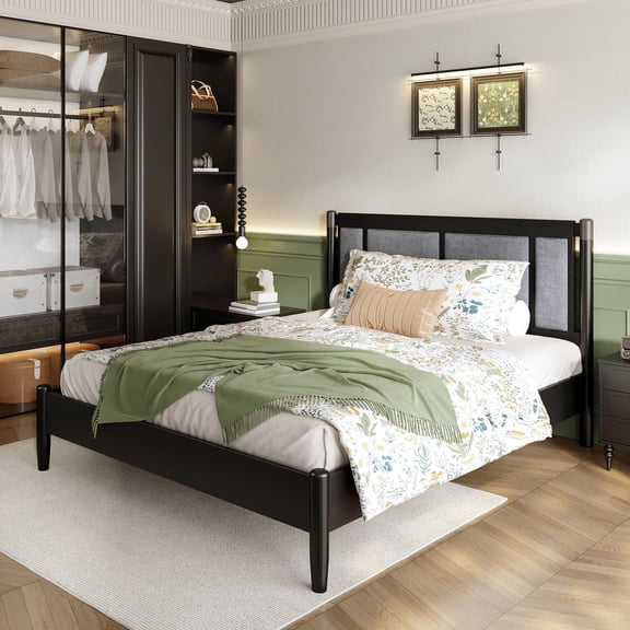 FFZ Queen Bed Frame with Upholstered Headboard, Metal Handles, Solid Wood Construction, Black