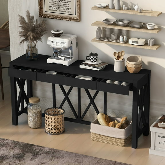 Ffz U_Style 60''Acacia Veneer Console Table With 4 Spacious Drawers, Modern Crisscross Design Entryway Table With Open Bottom Storage,Farmhouse Sofa Table For Living Room,Kitchen