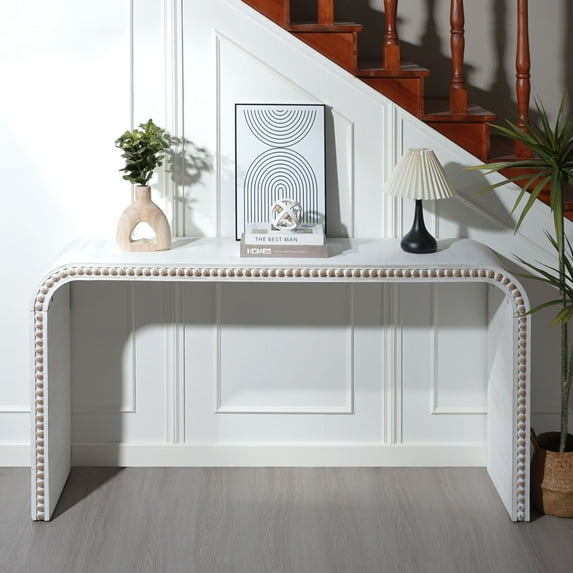 Ffz Washed White Console Table, 59In Entryway Table, Curved Waterfall-Style Table,Console Table With Wood Beads,Entrance Table For Entryway, Hallway, Living Room, Foyer, Corridor