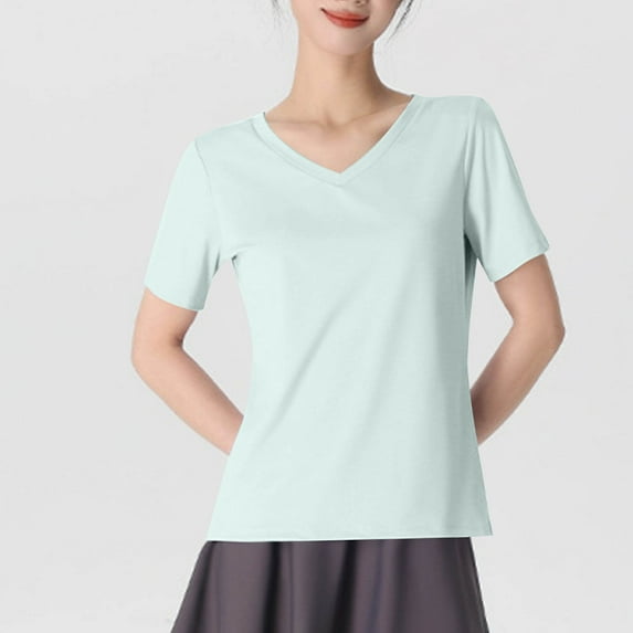 Fglymey Womens Regular Length V Neck T Shirts Trendy Tshirts 2025 Plain Short Sleeve Green L