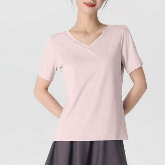 Fglymey Womens Regular Length V Neck T Shirts Trendy Tshirts 2025 Plain Short Sleeve Pink S