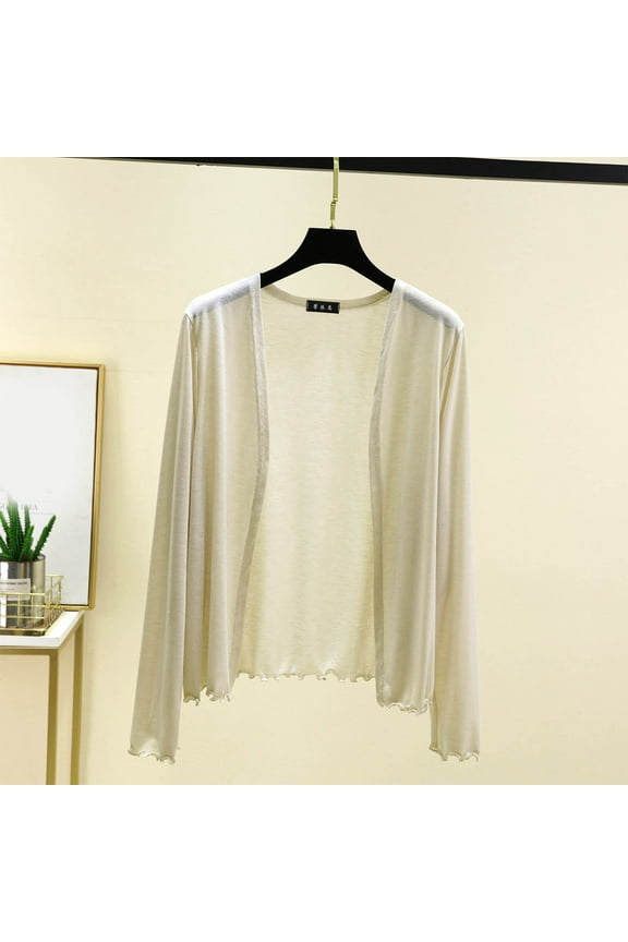 Women's Summer Thin Casual Solid Color Loose Long Sleeves Cardigan Beige 2XL