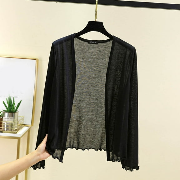 Fglymey Women's Summer Thin Casual Solid Color Loose Long Sleeves Cardigan Black 2XL