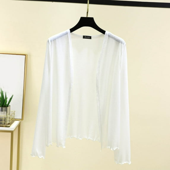 Fglymey Women's Summer Thin Casual Solid Color Loose Long Sleeves Cardigan White L