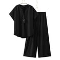 thumbnail image 1 of Fglymey Plus Size Women's Summer Cotton-Linen Set - Loose V-Neck Button Front Top & Drawstring Pants, Solid Color Breathable Casual Homewear Black 5XL, 1 of 8