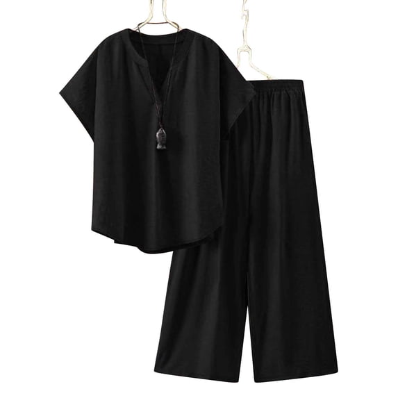 Fglymey Plus Size Women's Summer Cotton-Linen Set - Loose V-Neck Button Front Top & Drawstring Pants, Solid Color Breathable Casual Homewear Black 5XL