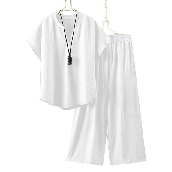 Fglymey Plus Size Women's Summer Cotton-Linen Set - Loose V-Neck Button Front Top & Drawstring Pants, Solid Color Breathable Casual Homewear White L