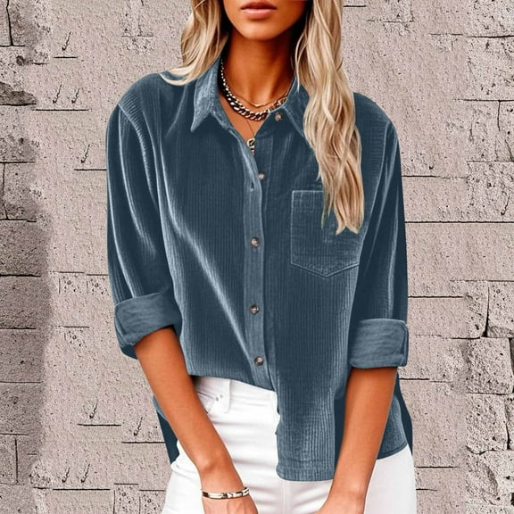 Fglymey Womens Tops Winter Velvet V Neck Long Sleeve Button Down Pocket Casual Tops Shirts Dark Blue S