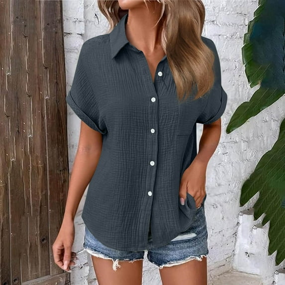 Fglymey Womens Casual V Neck Button Down Shirts for Women Solid Short Sleeve Blouse Tops Dark Gray M