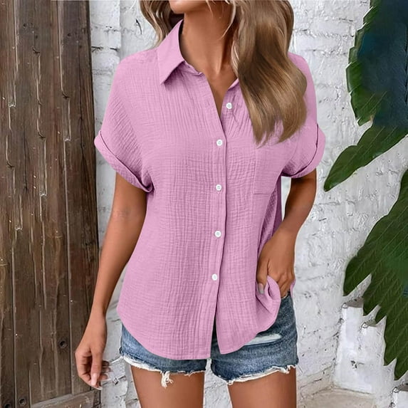 Fglymey Womens Casual V Neck Button Down Shirts for Women Solid Short Sleeve Blouse Tops Purple M