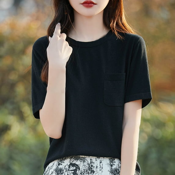 Fglymey Women's Short Sleeve T-Shirts Casual Crewneck Tees with Pocket Summer Basic Tops Black 2XL