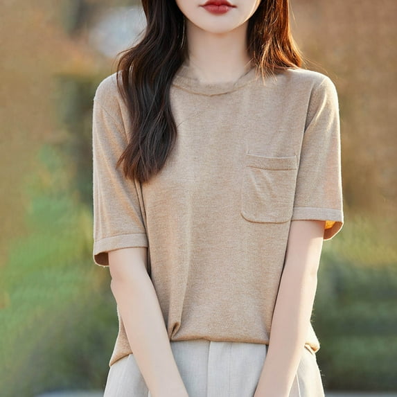 Fglymey Women's Short Sleeve T-Shirts Casual Crewneck Tees with Pocket Summer Basic Tops Khaki 2XL