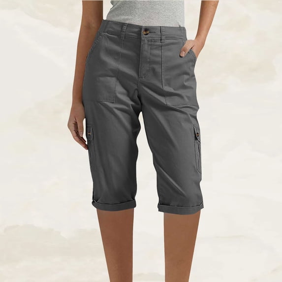 Fglymey Womens Relaxed Stretch Cargo Shorts Women Solid Color Elastic Waist Casual Half Shorts Pants With Pockets Dark Gray 2XL
