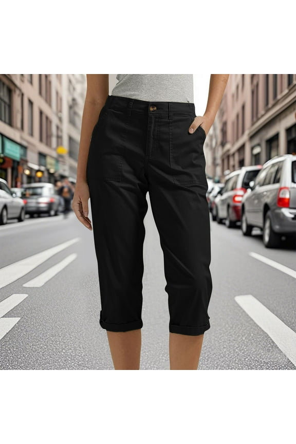 Women's Cargo Capris Tab Roll Cuff with Zip Front and Elastic Waist Standard Black XL
