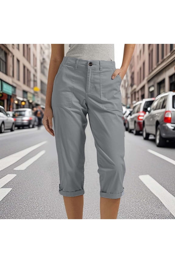 Women's Cargo Capris Tab Roll Cuff with Zip Front and Elastic Waist Standard Gray 2XL