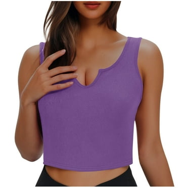 Women's Sleeveless Shirt Ribbed Fitted Round Neck Basic Long Crop Tank Top V Notch Purple S
