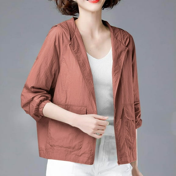 Fglymey Women Summer Jacket Long Sleeve Hooded Thin Coat Loose Sun Protection Clothing Female Jacket Red XL
