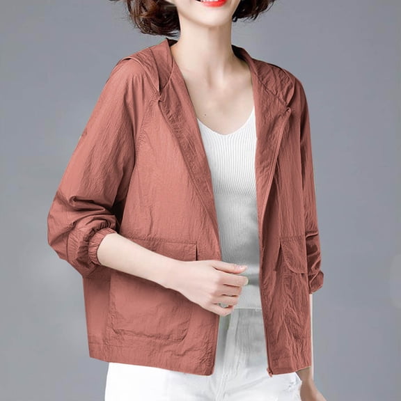 Fglymey Women Summer Jacket Long Sleeve Hooded Thin Coat Loose Sun Protection Clothing Female Jacket Red 2XL