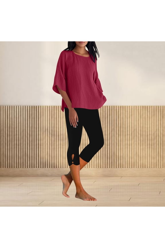 Linen Sets for Women 2 Piece Women Loose Casual Solid Color And Flax Round Neck 3/4Sleeve Tops+Cropped Pants Outwear Set Wine XL