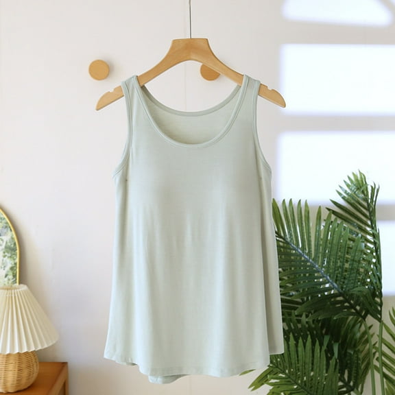 Women Summer Basic Camisole with Built in Bra, Sleeveless Round Neck Slim Tank Tops, Suitable for All Seasons and Any Occasion Green M