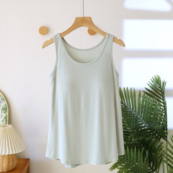 Women Summer Basic Camisole with Built in Bra, Sleeveless Round Neck Slim Tank Tops, Suitable for All Seasons and Any Occasion Green XL
