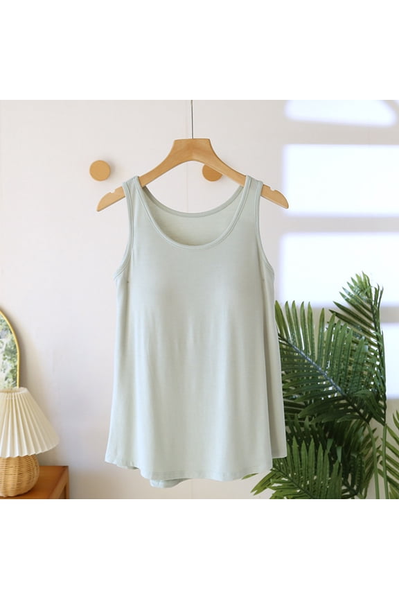 Women Summer Basic Camisole with Built in Bra, Sleeveless Round Neck Slim Tank Tops, Suitable for All Seasons and Any Occasion Green XL