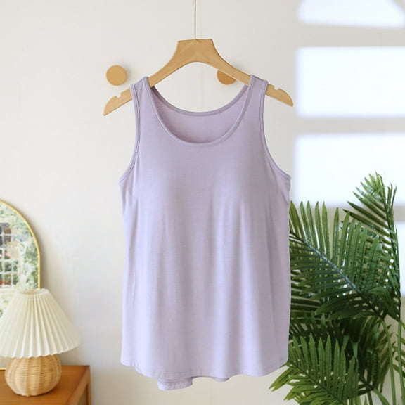 Women Summer Basic Camisole with Built in Bra, Sleeveless Round Neck Slim Tank Tops, Suitable for All Seasons and Any Occasion Purple XL