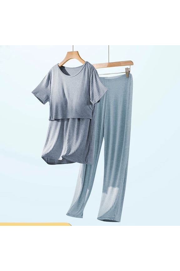 Womens Postpartum Maternity Pajamas 2 Piece Sets With Chest Pad Rib Short Sleeve Nursing Tops and Elastic Waist Pants Loungewear Blue XL