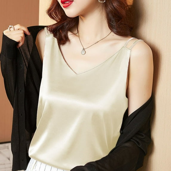 Womens Silk Satin Tank Tops V Neck Casual Cami Sleeveless Camisole Blouses Summer Basic Tank Shirt Gold 3XL