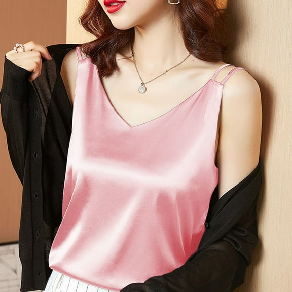 Womens Silk Satin Tank Tops V Neck Casual Cami Sleeveless Camisole Blouses Summer Basic Tank Shirt Pink L