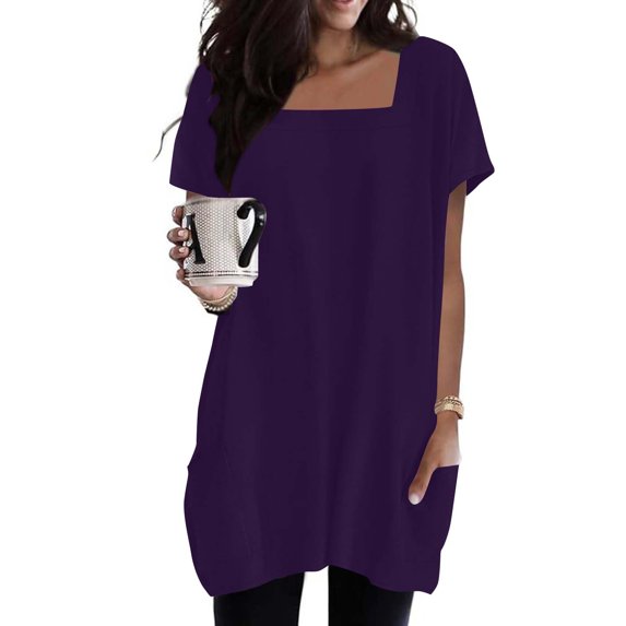 Fglymey Womens Summer Solid Color Square Neck Short Sleeve Dress With Pockets - Casual Athleisure Tee​​ Purple 2XL