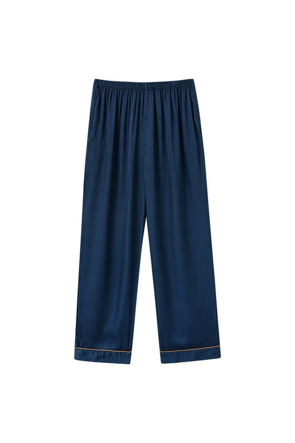Women's Silk Satin Pajama Pants, Casual High Waist Long Sleep Pants with Pockets Blue XL