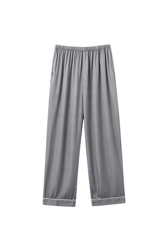 Women's Silk Satin Pajama Pants, Casual High Waist Long Sleep Pants with Pockets White XL